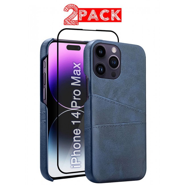 CATANES iPhone 14 Pro Max 2Packs Case Cover Leather with Card Holder for Men Women Phone Case with 3D Screen Protector - Blue