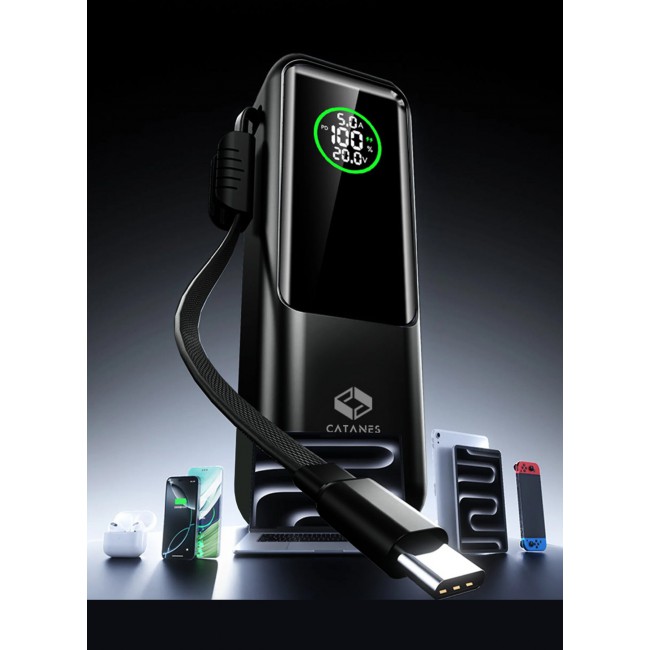 CATANES 20000mAh 100W Super Fast Charging Power Bank with Smart Digital Display and Built-in Type-C Cable - Black