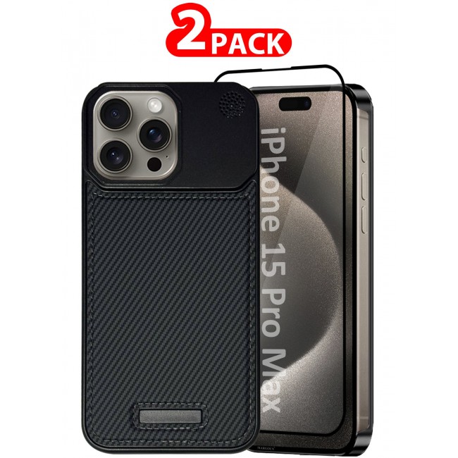 CATANES iPhone 15 Pro Max 2 Pack Case Leather Metal Design, Slim Lightweight Minimalist Cover,1 Case 1 Screen Protector