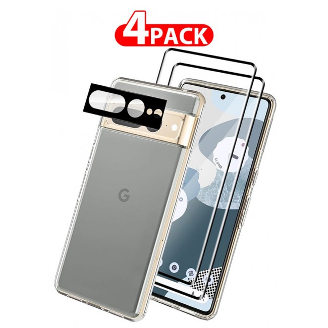 CATANES 4 Packs For Google Pixel 7 Pro TPU Case and 2 Screen Protectors and Camera Lens Protector Clear Transparent Shockproof Protective Phone Case Scratch Resistant Cover