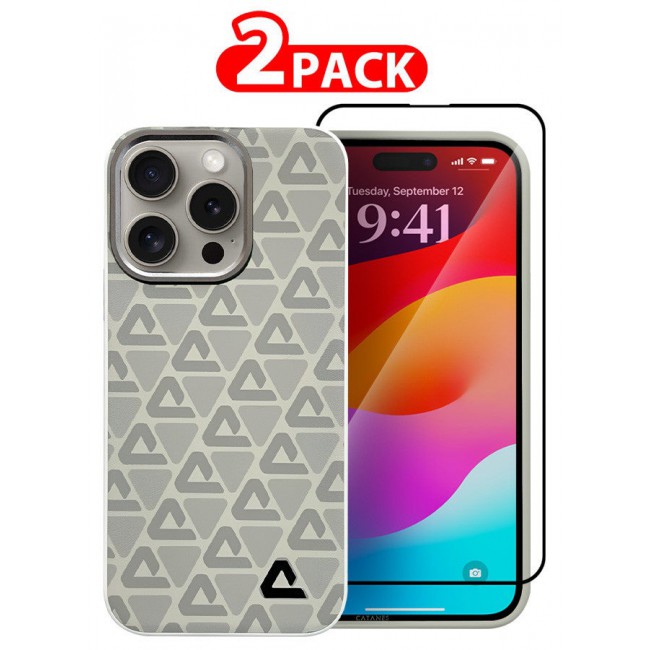 CATANES (for iPhone 15 Pro Max) 2 Pack Case and Screen Protector Leather Back Cover Triangle Pattern Shockproof Protective Phone Case Light Beige