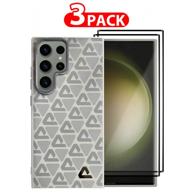 CATANES (for Samsung Galaxy S23 Ultra) 3 Pack Case and 2 Screen Protectors Leather Back Cover Triangle Pattern Shockproof Protective Phone Case Light Beige
