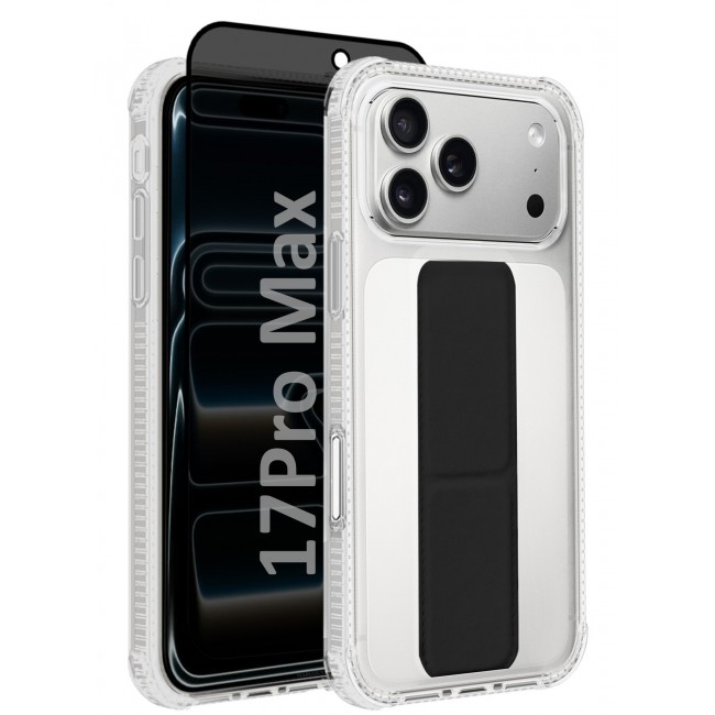 CATANES 2 Packs Finger Grip Clear Case Cover for iPhone 17 Pro Max - Kickstand Car Magnetic Holder Multi-function Protective Two-in-one Case with Privacy Screen Protector - Black
