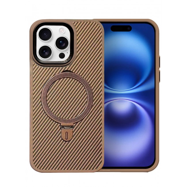 CATANES Carbon Fiber Texture case for iPhone 16 Pro, Metal Bracket, Magsafe Kickstand Case Cover - Beige