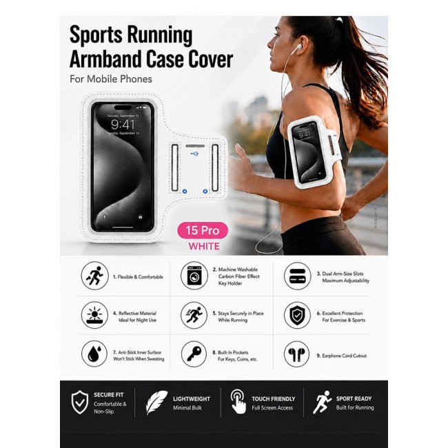 MARGOUN Sports Running Armband Case Compatible with iPhone 15 Pro – Water-Resistant Fitness Wristband Pouch for Gym, Workouts, Jogging with Key Holder and Reflective Strip