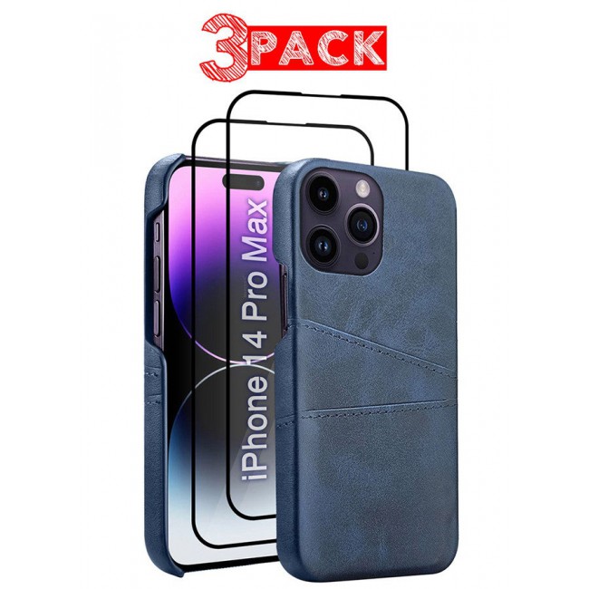 CATANES iPhone 14 Pro Max 3Packs Case Cover Leather with Card Holder for Men Women Phone Case with 3D Screen Protector - Blue