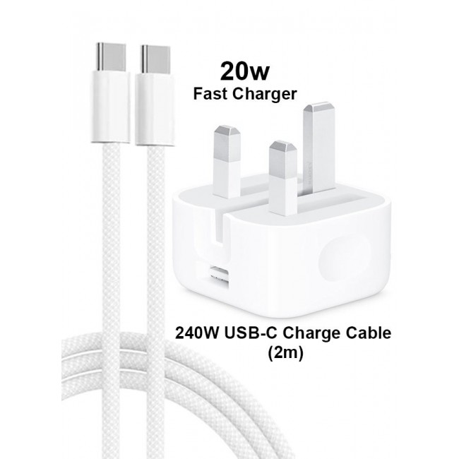 CATANES 20W USB-C PD Fast Charger with 240W Braided Type-C to Type-C Cable (2m) – UK 3-Pin Plug for iPhone 16 Pro