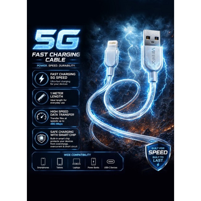Vierex VC-3 Fast Charging Lightning Cable 2.4A USB Charging & Data Cable 480Mbps Compatible with iPhone, 1m