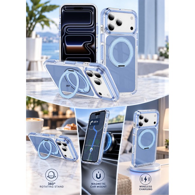 CATANES Magnetic Case For iPhone 17 Pro Max Clear TPU Cover with 360-Degree Rotating Ring Kickstand - Glacier