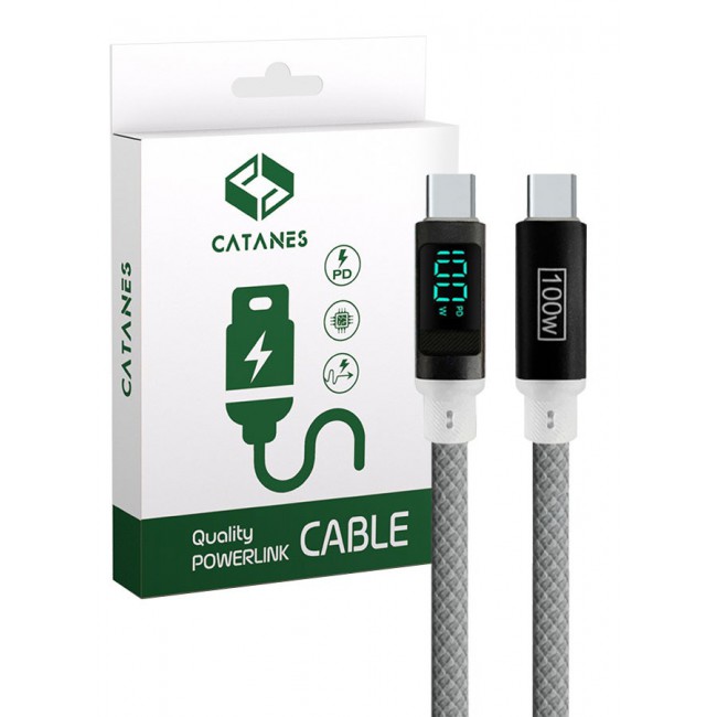 CATANES 100W Fast Charging Cable USB-C to USB-C - Built-in Power Display, PD 3.0 & Durable Braided Design 1M - Light Grey