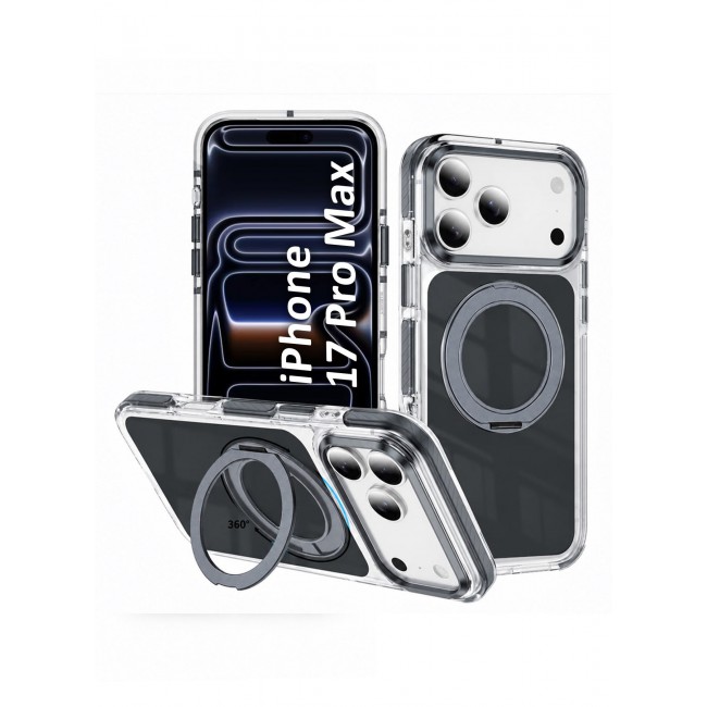 CATANES Magnetic Case For iPhone 17 Pro Max Clear TPU Cover with 360-Degree Rotating Ring Kickstand - Dark Grey