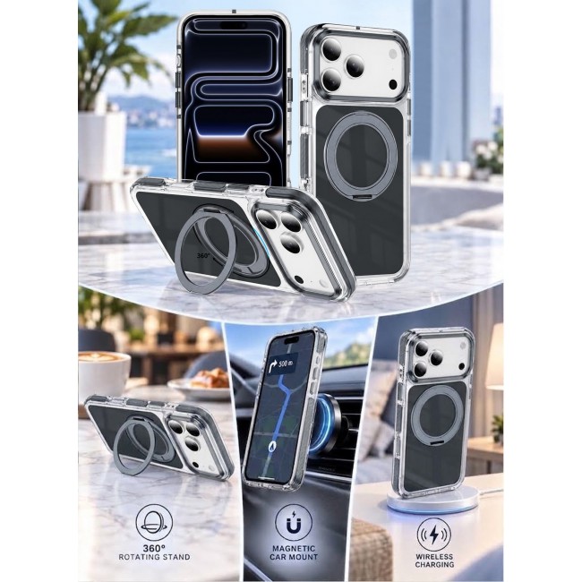 CATANES Magnetic Case For iPhone 17 Pro Max Clear TPU Cover with 360-Degree Rotating Ring Kickstand - Dark Grey