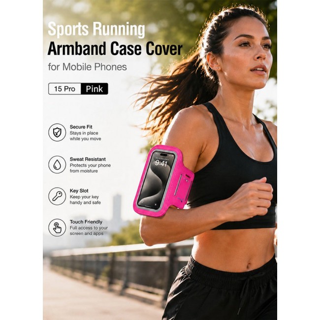 MARGOUN Sports Running Armband Case Compatible with iPhone 15 Pro – Water-Resistant Fitness Wristband Pouch for Gym, Workouts, Jogging with Key Holder and Reflective Strip