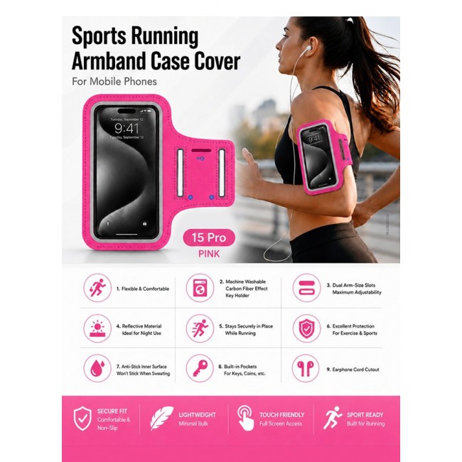 MARGOUN Sports Running Armband Case Compatible with iPhone 15 Pro – Water-Resistant Fitness Wristband Pouch for Gym, Workouts, Jogging with Key Holder and Reflective Strip