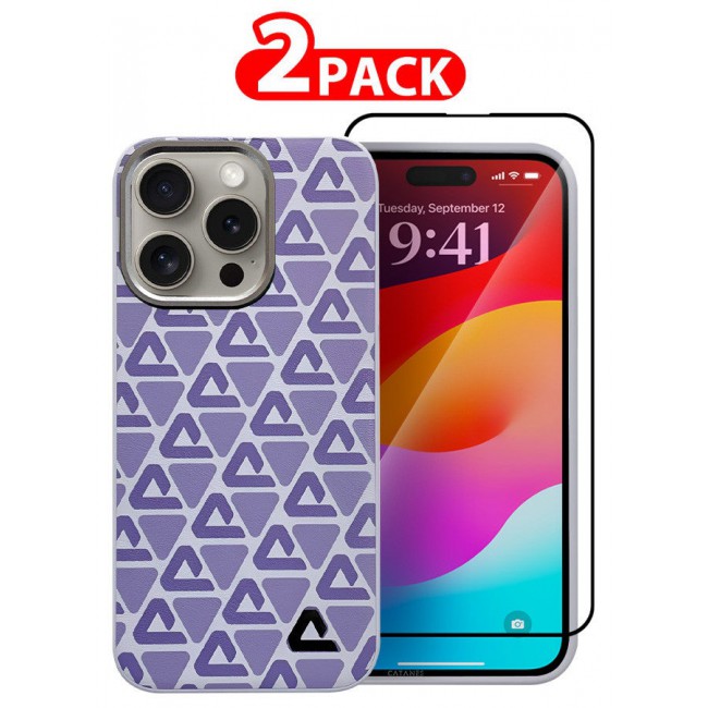 CATANES (for iPhone 15 Pro Max) 2 Pack Case and Screen Protector Leather Back Cover Triangle Pattern Shockproof Protective Phone Case Purple