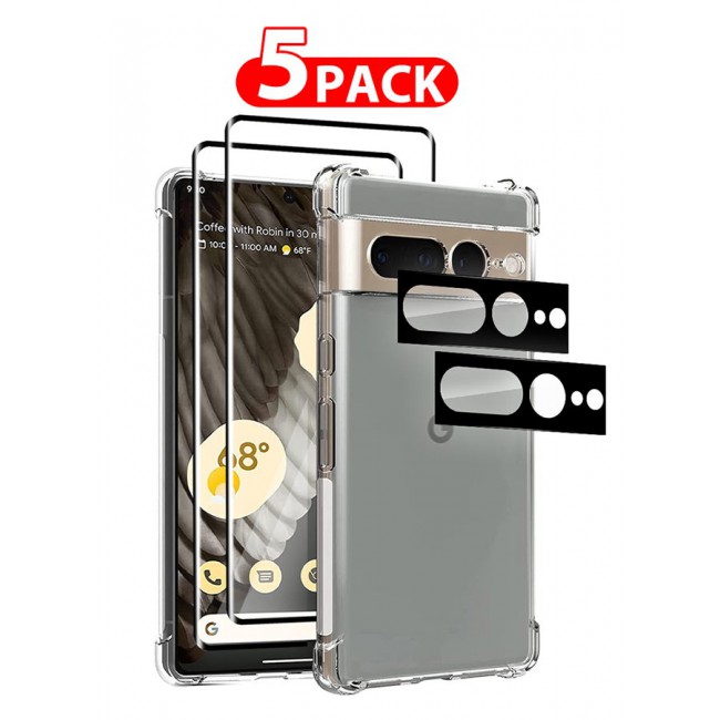 CATANES 5 Packs For Google Pixel 7 Pro TPU Case and 2 Screen Protectors and 2 Camera Lens Protectors Clear Transparent Shockproof Case Scratch Resistant Reinforced Corners Cover