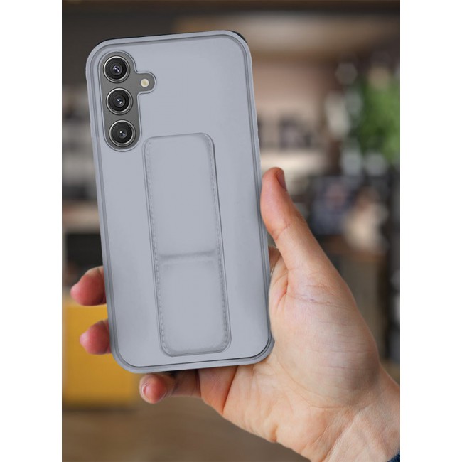 CATANES Samsung Galaxy S24 Case Magnetic Stand and Holder Premium Silicone Vertical and Horizontal Hand Strap Grip Multi Stand Car Mount Kickstand Case Finger Strap Cover Grey