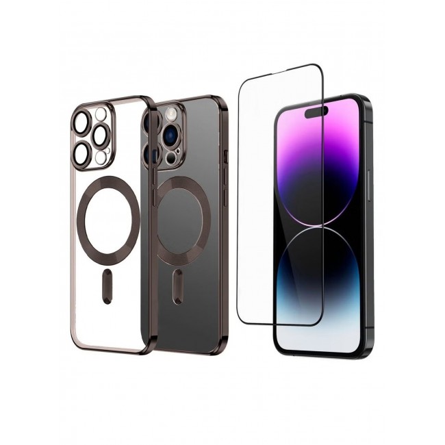 CATANES 2Pack for iPhone 14 Pro MagSafe Case and Screen Protector Clear Electroplating Frame Wireless Charging Cover with Tempered Glass Brown/Clear