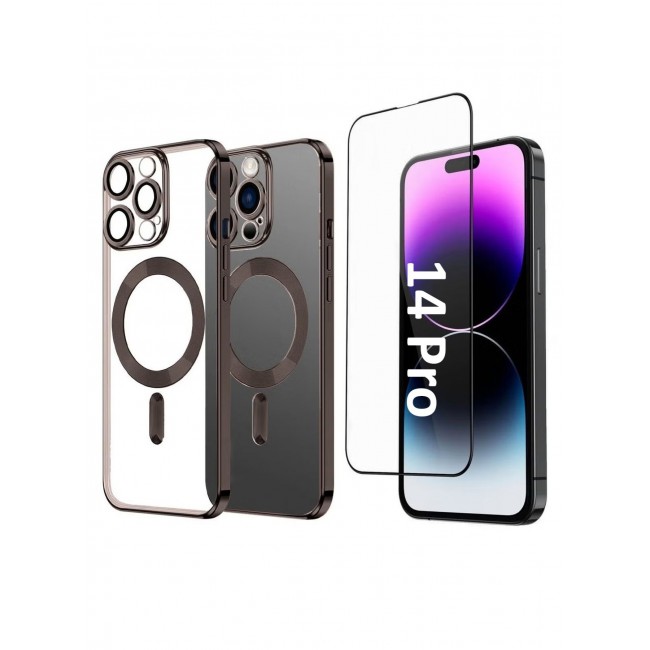 CATANES 2Pack for iPhone 14 Pro MagSafe Case and Screen Protector Clear Electroplating Frame Wireless Charging Cover with Tempered Glass Brown/Clear