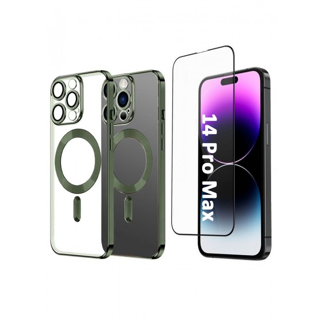 CATANES 2Pack for iPhone 14 Pro Max Magsafe Case and Screen Protector Clear Electroplating Frame Wireless Charging Cover with Tempered Glass Green/Clear
