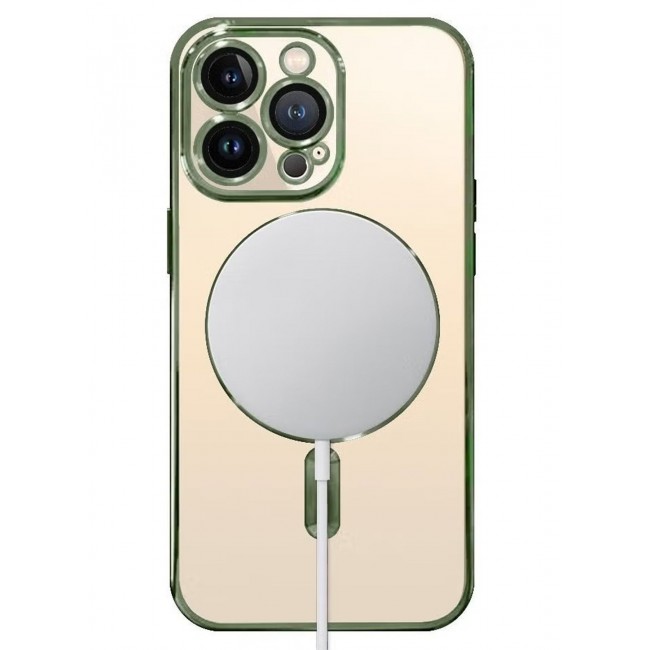 CATANES 2Pack for iPhone 14 Pro Max Magsafe Case and Screen Protector Clear Electroplating Frame Wireless Charging Cover with Tempered Glass Green/Clear