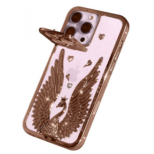 CATANES iPhone 15 Pro Max Bling Case Peacock Glitter Hard TPU Shockproof Protection Cover With Kickstand for Women Girls Rose Gold