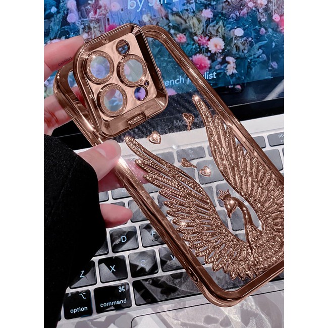 CATANES iPhone 15 Pro Max Bling Case Peacock Glitter Hard TPU Shockproof Protection Cover With Kickstand for Women Girls Rose Gold