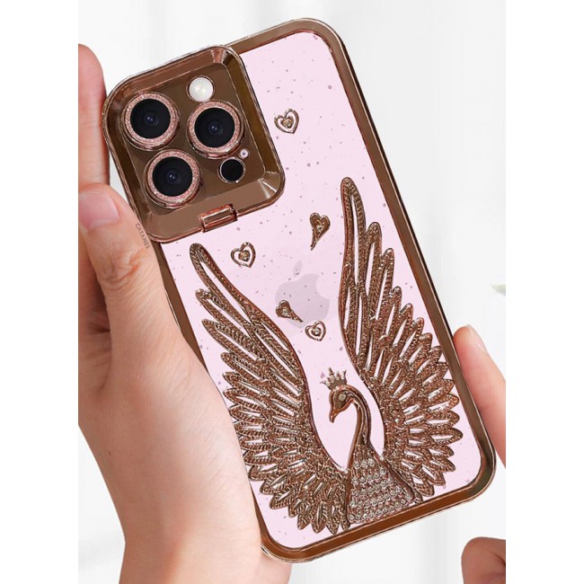 CATANES iPhone 15 Pro Max Bling Case Peacock Glitter Hard TPU Shockproof Protection Cover With Kickstand for Women Girls Rose Gold