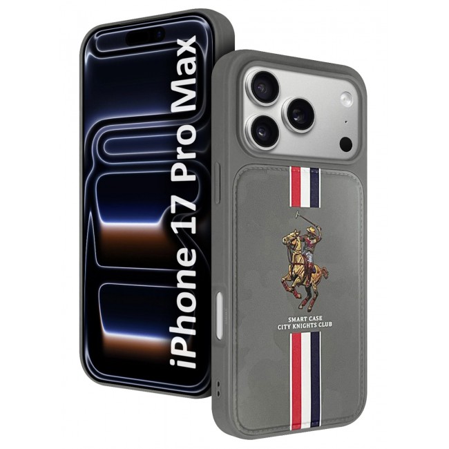 CATANES City Knights Club Luxury iPhone 17 Pro Max Case with Card Holder – Premium Men’s Gift Idea – Professional Camo Business Tech Cover with Shockproof Armor & Designer Polo Embroidery- Grey