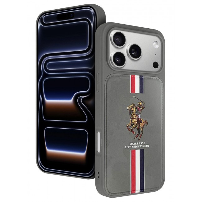 CATANES City Knights Club Luxury iPhone 17 Pro Max Case with Card Holder – Premium Men’s Gift Idea – Professional Camo Business Tech Cover with Shockproof Armor & Designer Polo Embroidery- Grey