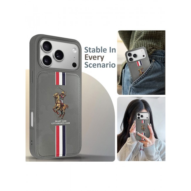 CATANES City Knights Club Luxury iPhone 17 Pro Max Case with Card Holder – Premium Men’s Gift Idea – Professional Camo Business Tech Cover with Shockproof Armor & Designer Polo Embroidery- Grey