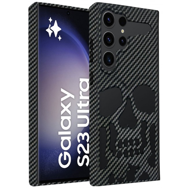 CATANES Galaxy S23 Ultra Case Cover Soft TPU and Glossy with Skull Design - Carbon Fiber