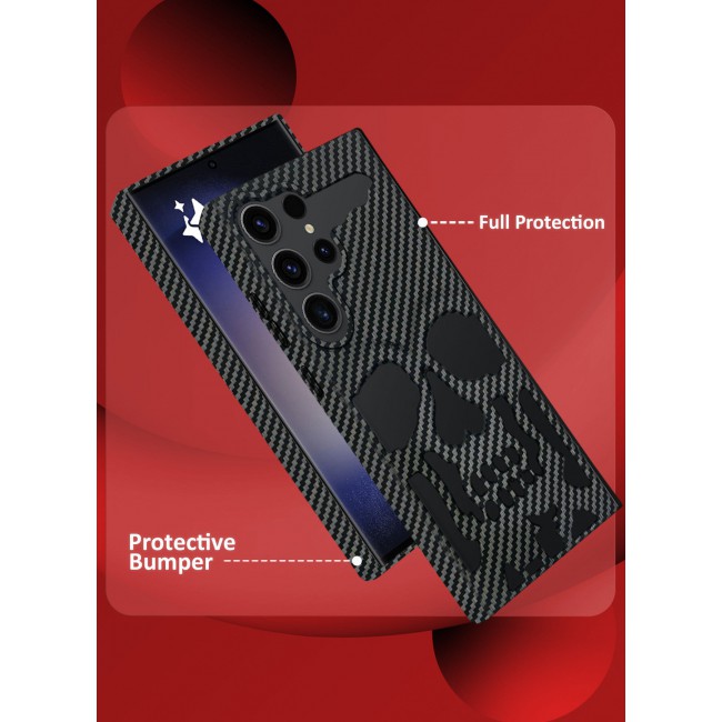 CATANES Galaxy S23 Ultra Case Cover Soft TPU and Glossy with Skull Design - Carbon Fiber