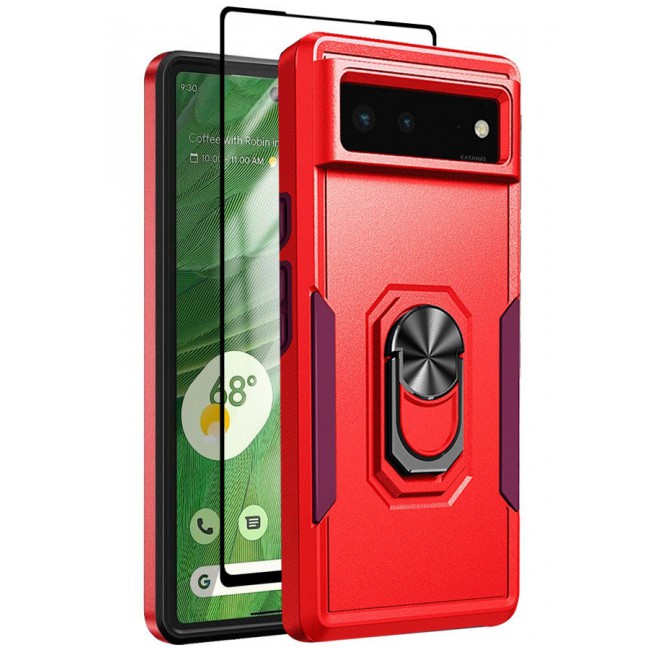 CATANES (Google Pixel 6) 2 Pack Hybrid Case and Screen Protector with Magnetic Metal Ring Holder Kickstand Rugged Drop Protection Cover Red