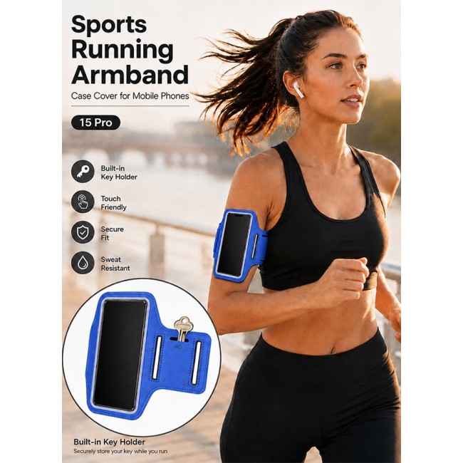 MARGOUN Sports Running Armband Case Compatible with iPhone 15 Pro – Water-Resistant Fitness Wristband Pouch for Gym, Workouts, Jogging with Key Holder and Reflective Strip