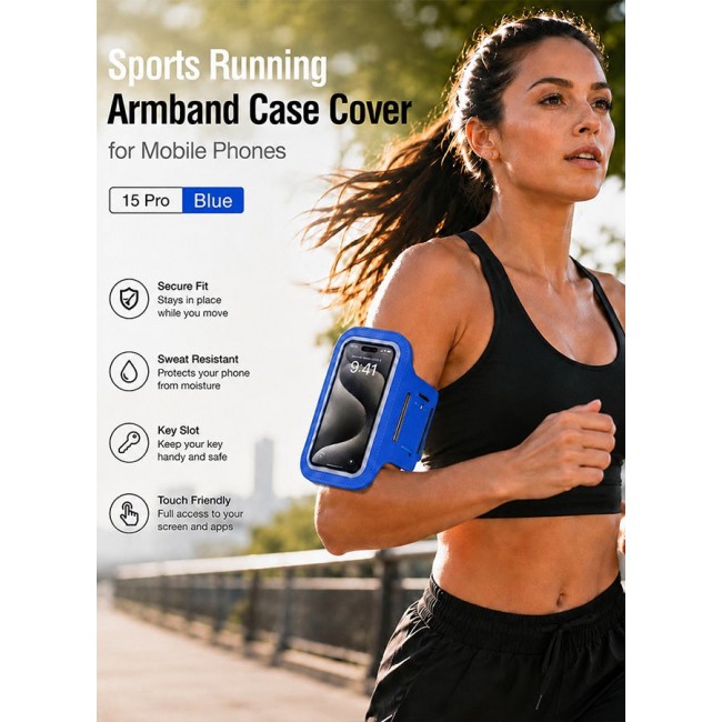 MARGOUN Sports Running Armband Case Compatible with iPhone 15 Pro – Water-Resistant Fitness Wristband Pouch for Gym, Workouts, Jogging with Key Holder and Reflective Strip