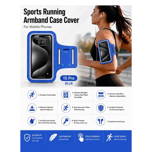 MARGOUN Sports Running Armband Case Compatible with iPhone 15 Pro – Water-Resistant Fitness Wristband Pouch for Gym, Workouts, Jogging with Key Holder and Reflective Strip