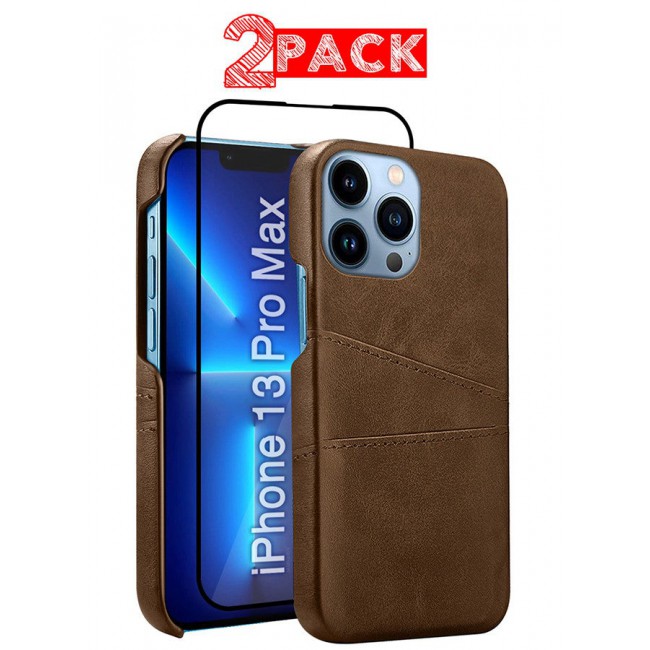 CATANES iPhone 13 Pro Max 2Packs Case Cover Leather with Card Holder for Men Women Phone Case with 3D Screen Protector - Brown