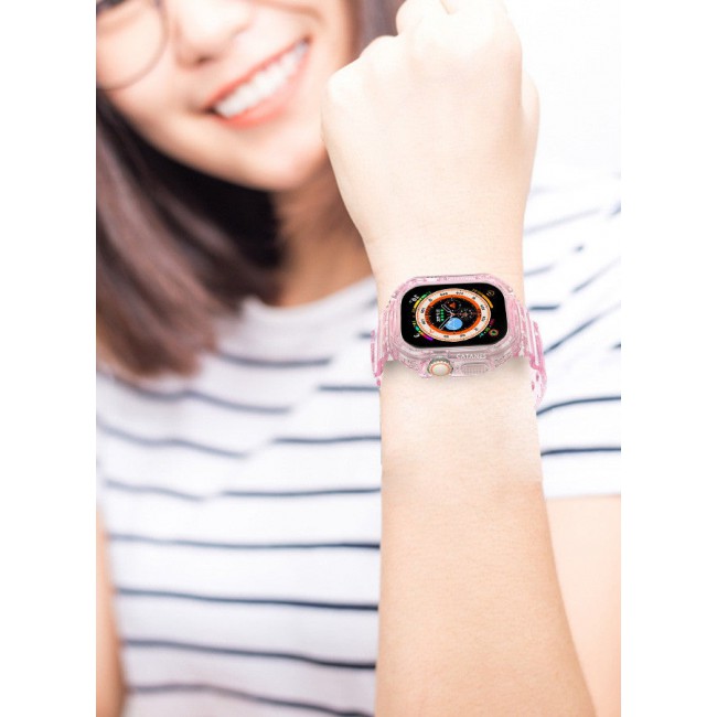 CATANES Clear iwatch Strap Bands TPU Smart Apple Watch Bands 49mm with Bumper Protective Case Crystal Sports Wristband Compatible with Series Ultra2,Ultra Light Pink Color