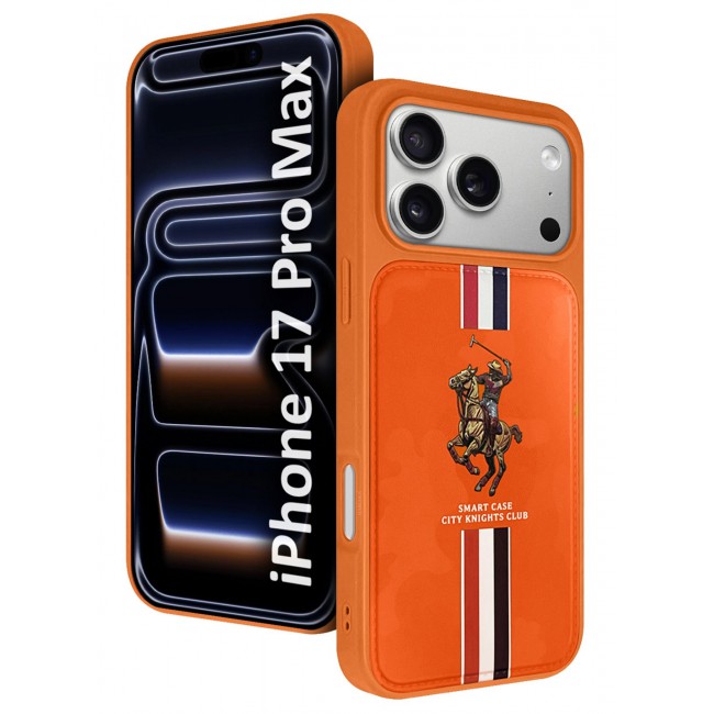 CATANES City Knights Club Luxury iPhone 17 Pro Max Case with Card Holder – Premium Men’s Gift Idea – Professional Camo Business Tech Cover with Shockproof Armor & Designer Polo Embroidery- Orange