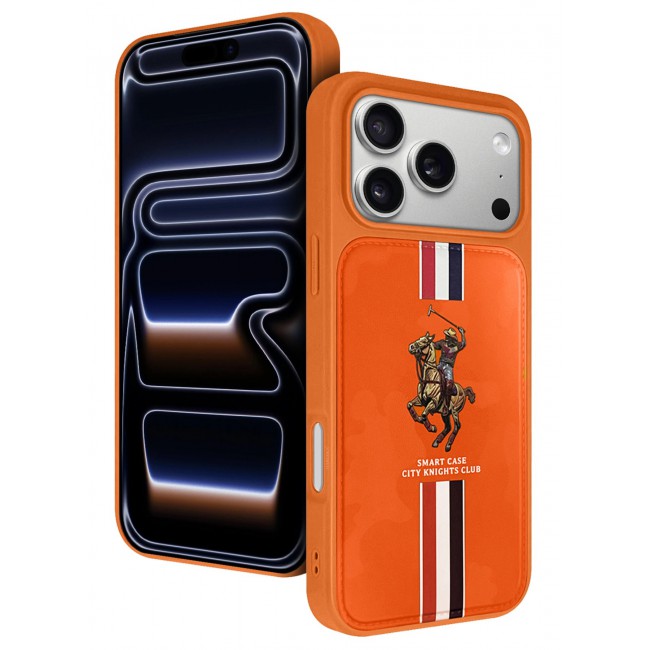 CATANES City Knights Club Luxury iPhone 17 Pro Max Case with Card Holder – Premium Men’s Gift Idea – Professional Camo Business Tech Cover with Shockproof Armor & Designer Polo Embroidery- Orange