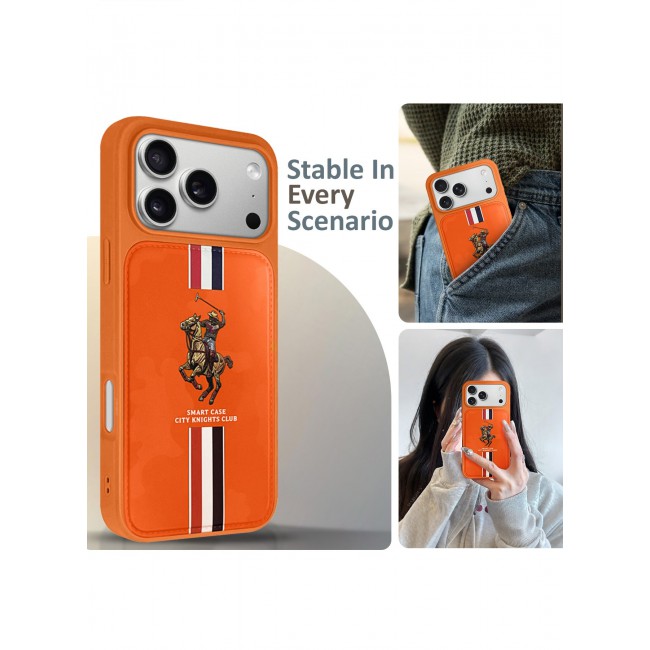 CATANES City Knights Club Luxury iPhone 17 Pro Max Case with Card Holder – Premium Men’s Gift Idea – Professional Camo Business Tech Cover with Shockproof Armor & Designer Polo Embroidery- Orange