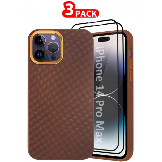 CATANES iPhone 14 Pro Max 3 Pack Vegan Leather Case, 1 Cover with 2 Screen Protectors, Slim Fit, Raised Edges for Camera and Screen Protection