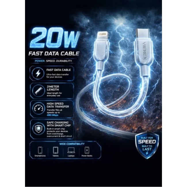 Vierex VC-3 Type-C to Lightning Fast Charging Data Cable 20W Power Delivery USB C to iPhone Charger Cable, 3M