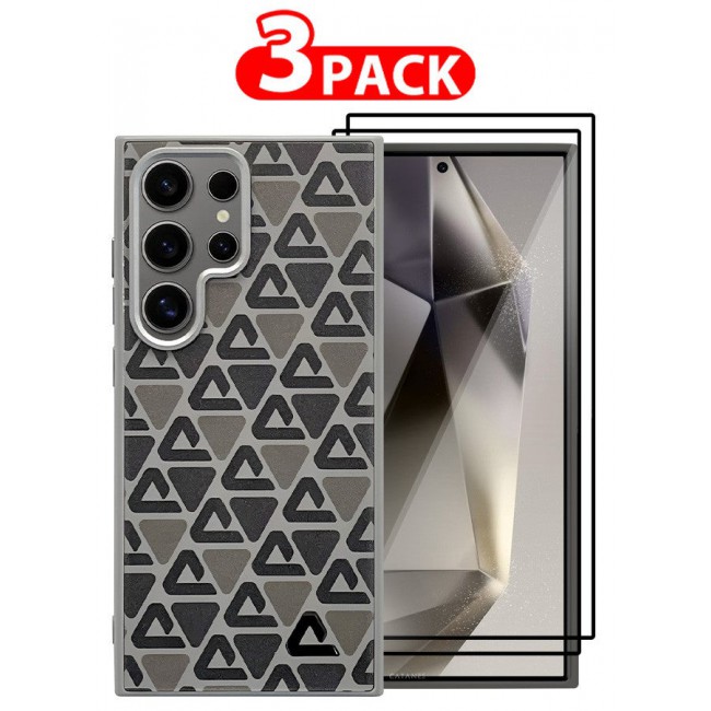 CATANES (for Samsung Galaxy S24 Ultra) 3 Pack Case and 2 Screen Protectors Leather Back Cover Triangle Pattern Shockproof Protective Phone Case Brown