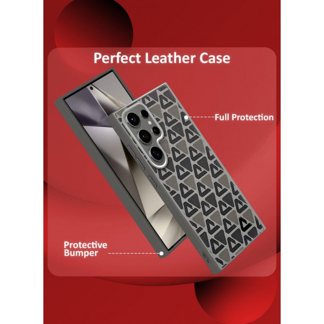 CATANES (for Samsung Galaxy S24 Ultra) 3 Pack Case and 2 Screen Protectors Leather Back Cover Triangle Pattern Shockproof Protective Phone Case Brown