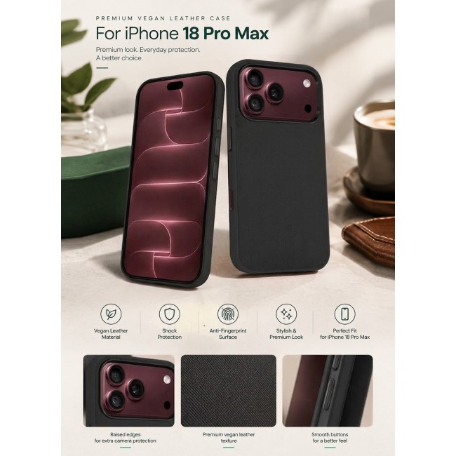 CATANES 2 Pack Vegan Leather Case for iPhone 18 Pro Max Protective Shockproof Back Cover - Black