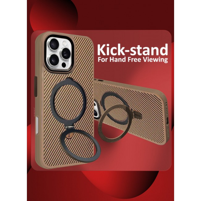 CATANES ( for iPhone 16 Pro ) Carbon Fiber Case Cover, Kickstand Metal Bracket, Magsafe Compatible - Beige