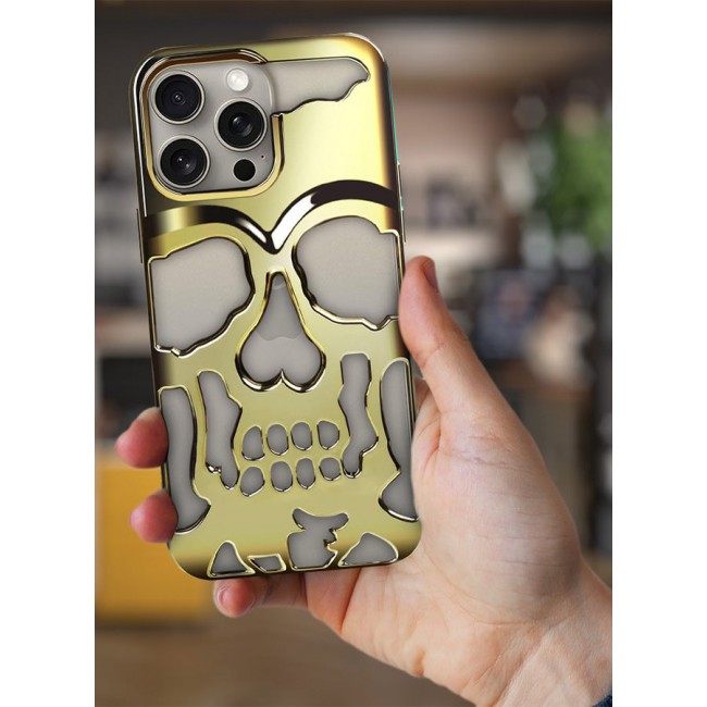 CATANES iPhone 15 Pro Max Case 3D Hollow Skull Breathable Phone Case Luxury Plating Colorful Matte Shockproof Cover Ultra Thin Full Surround Anti-Fall Case Gold