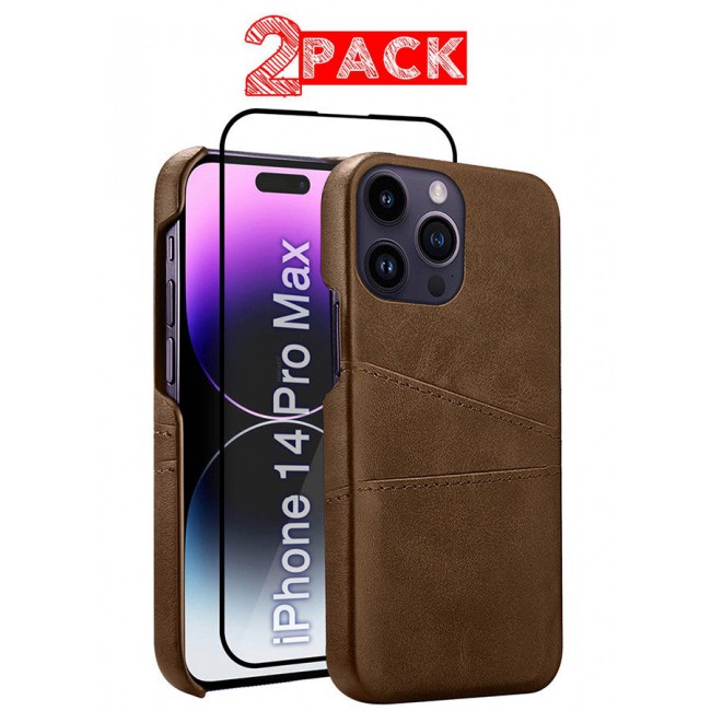 CATANES iPhone 14 Pro Max 2Packs Case Cover Leather with Card Holder for Men Women Phone Case with 3D Screen Protector - Brown